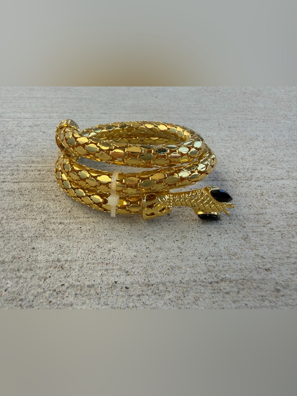 Vintage Gold Tone Coiled Snake Wrap Bracelet Black Cabochon Statement Cuff